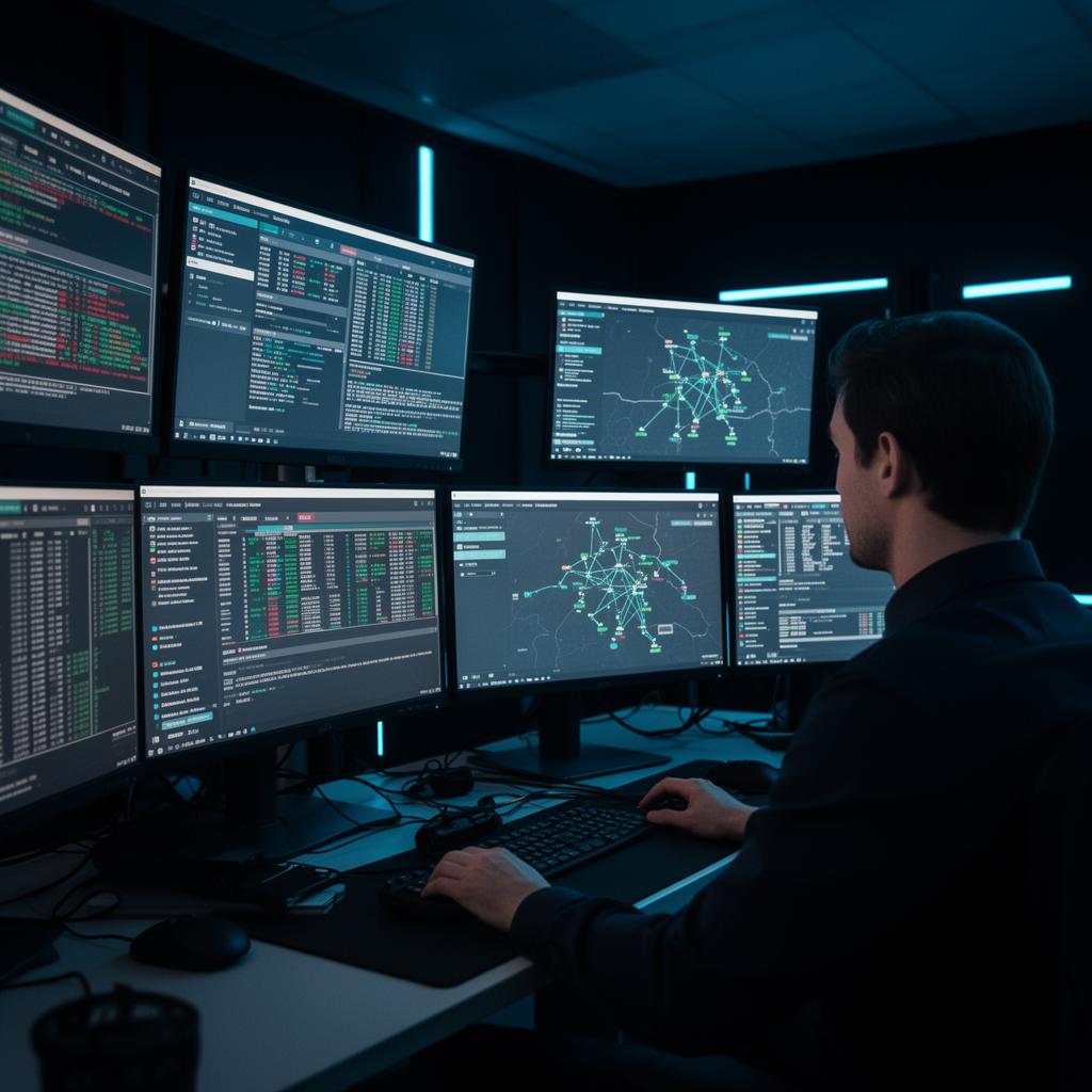 Network engineer troubleshooting at a multi-monitor NOC workstation